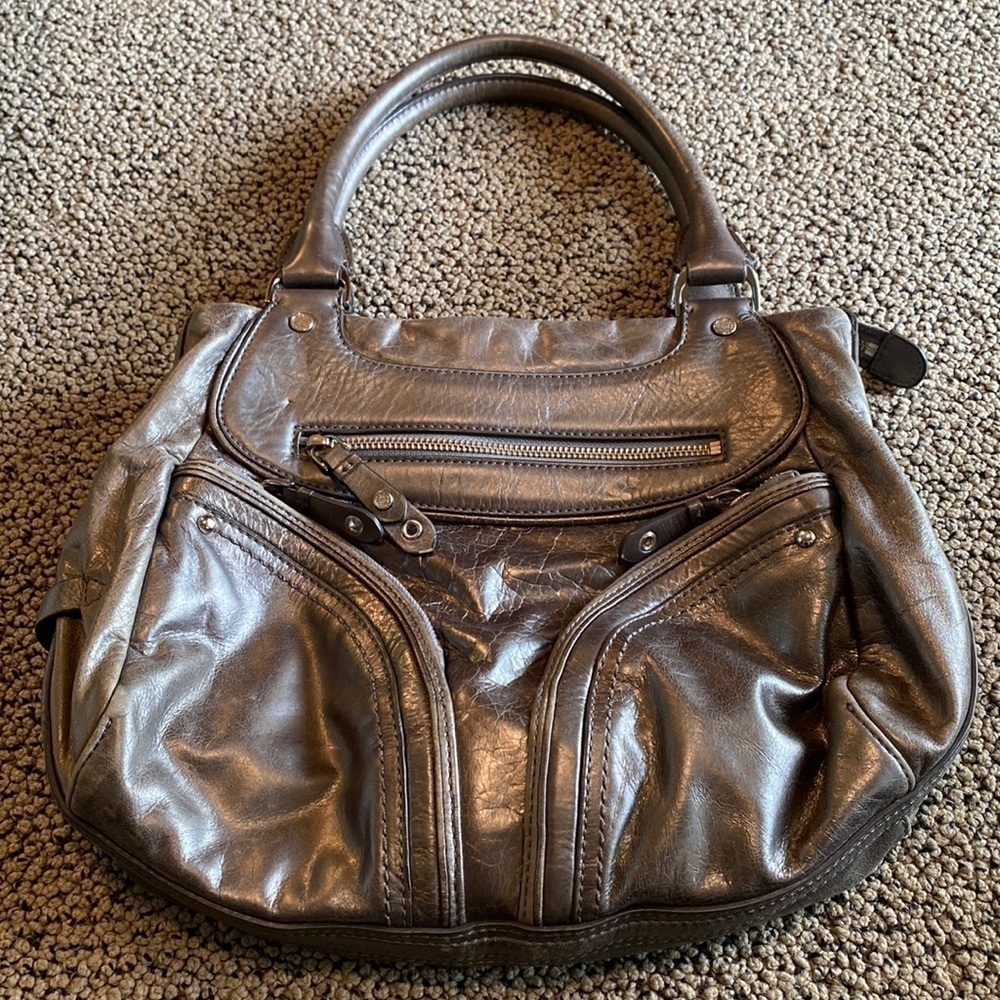 Cole Haan Silvery Gray Leather Shoulder Bag w/ Lots of Pockets in EUC
